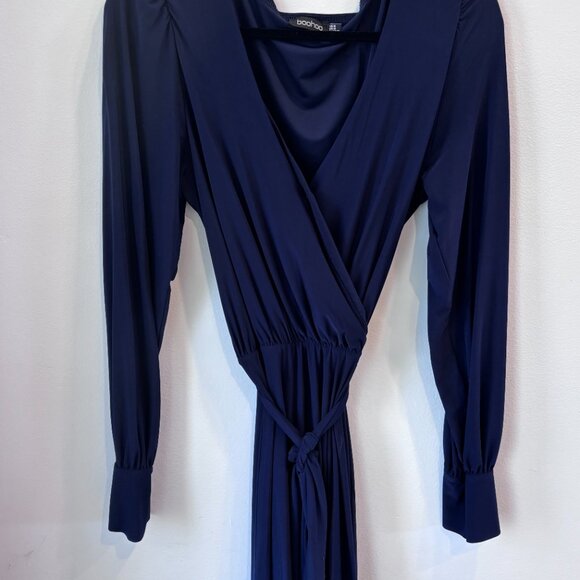 Boohoo Navy Blue Long Sleeve Wrap Dress - Picture 2 of 7